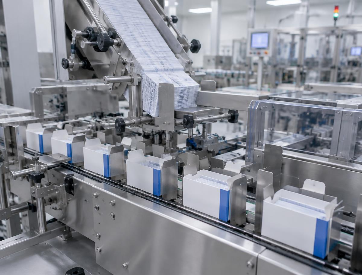 Pharmazeutische Verpackungslinie mit Faltschachteln und Beipackzetteln